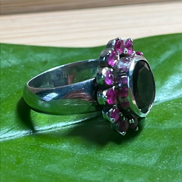 Ruby and Smokey Quartz and Sterling Silver Cocktail Ring - Picture 3 of 5